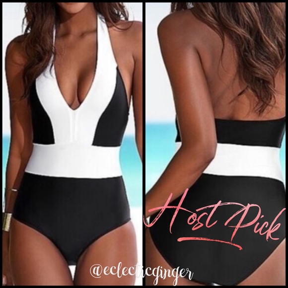 Black white colorblock halter bathing suit - Picture 4 of 6